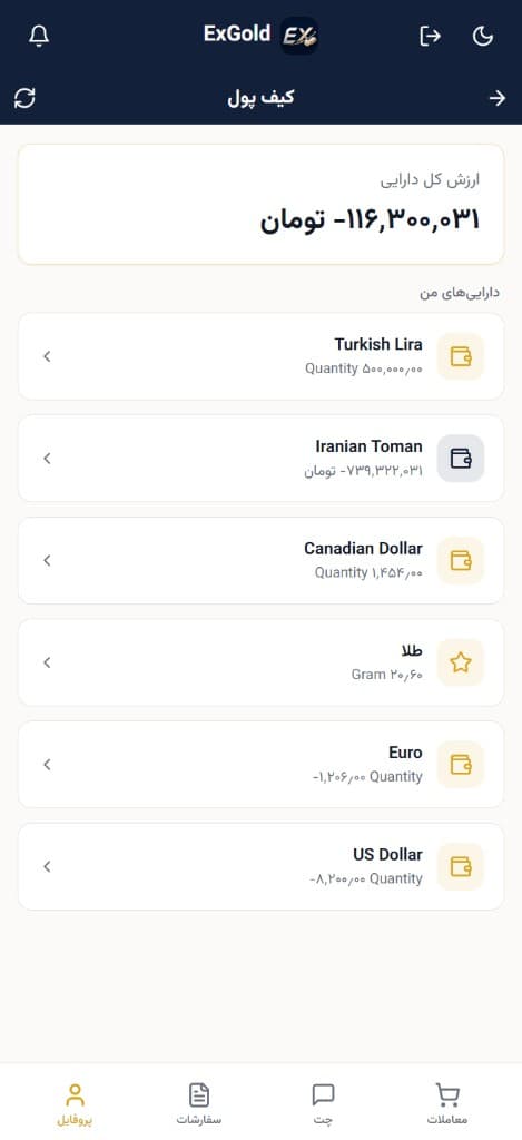 کیف پول و دارایی‌های ریالی و ارزی در ExGold