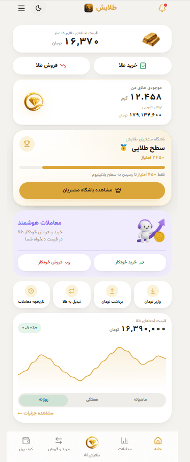 داشبورد اصلی طلایش با نرخ لحظه‌ای، موجودی و باشگاه مشتریان